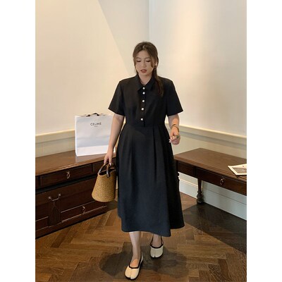 NAZ那子大码2024夏季新款法式复古气质连衣裙胖mm收腰显瘦小黑裙