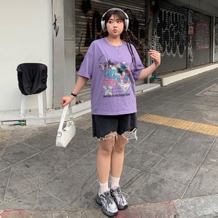 复古潮流 YUZI鱼子T恤短袖 水洗大码 女装 微胖mm显瘦白遮肉200斤美式