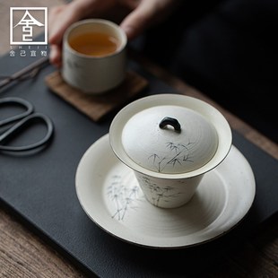 诧寂风粉引手绘墨竹粗陶盖碗泡茶碗茶杯手工功夫茶具家用不烫手