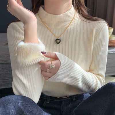 粉色加绒加厚毛衣女内搭2024秋冬季新款半高领针织打底衫保暖上衣