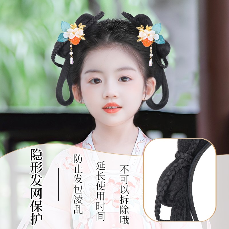 汉服发饰女童汉服假发包发箍蝴蝶结发髻古风儿童一体式古风头饰