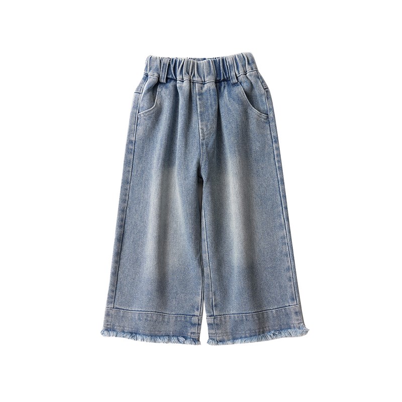 水洗软牛仔 儿童毛边牛仔裤 女童直筒阔腿裤 中童长裤 春秋款童装