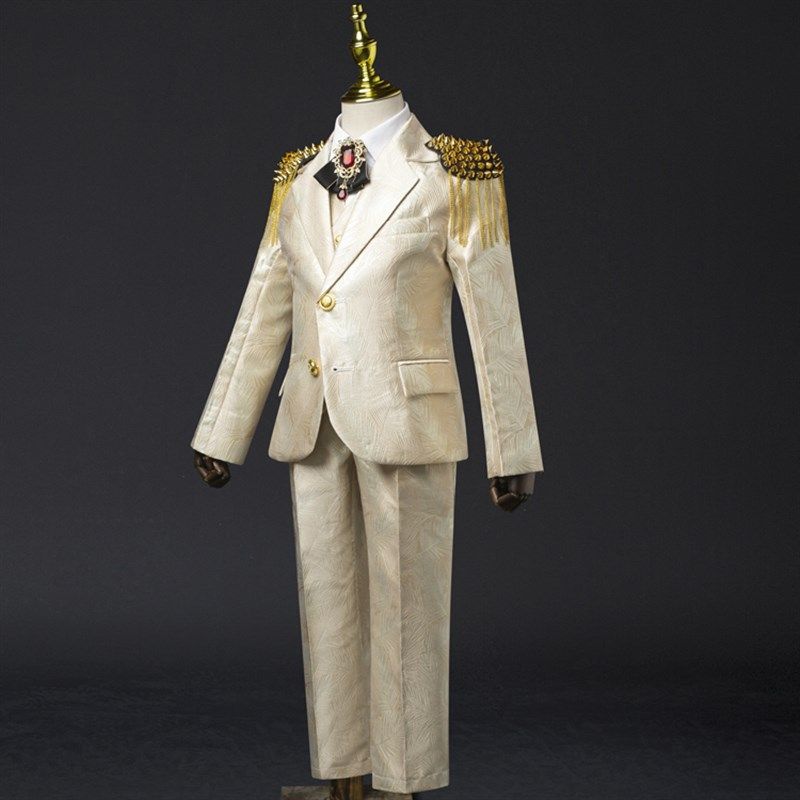 儿童西装套装高端男童模特走秀礼服男孩主持人钢琴香槟色演出服