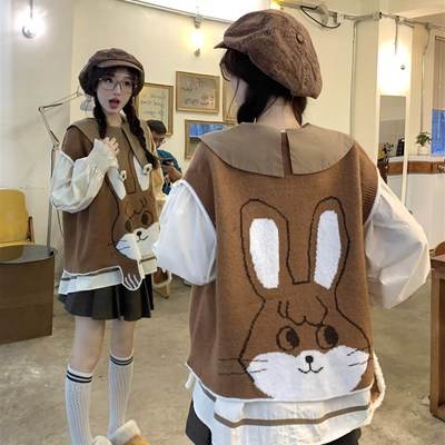 时尚套装女秋季新款娃娃领衬衫叠穿可爱毛衣针织马甲百褶裙三件套