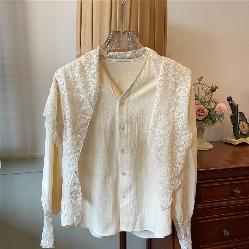 MINI老江德鲁纳法式肌理茶歇衬衫&蕾丝三角巾蕾丝袖2024款上衣