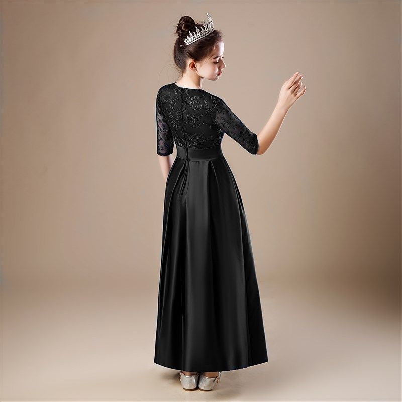 黑色大儿童礼服女童钢琴小提琴演出服管弦乐团大合唱公主裙长袖冬