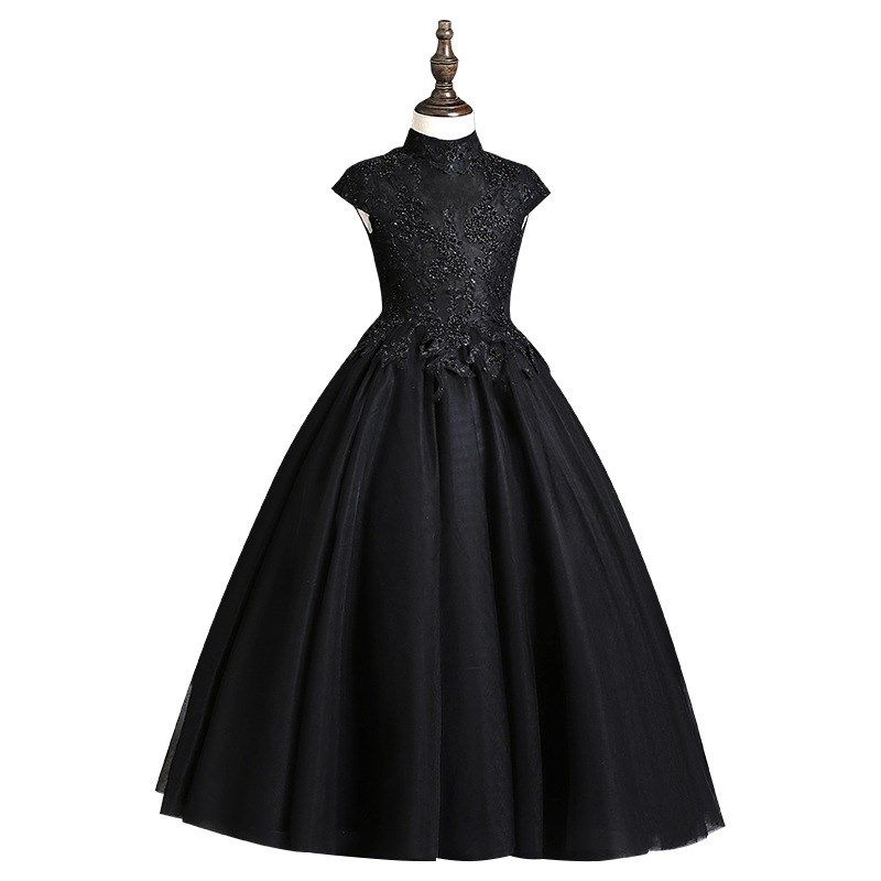 大码胖女孩黑色礼服公主裙蓬蓬纱花童女大童主持人走秀钢琴演出服
