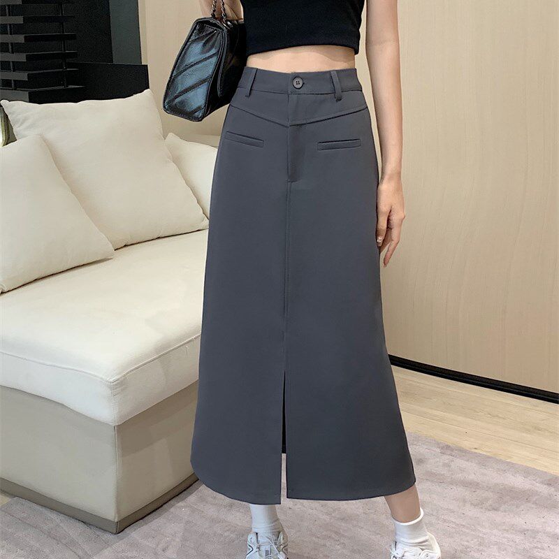 胖M胯大遮肚长裙子女夏前开叉西装直筒中长款大码小众工装半身裙