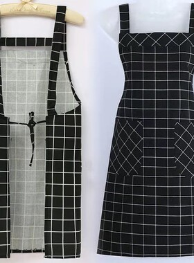 速发纯棉围子高档背带格裙棉布时尚家软透气围腰柔用厨房做饭工作