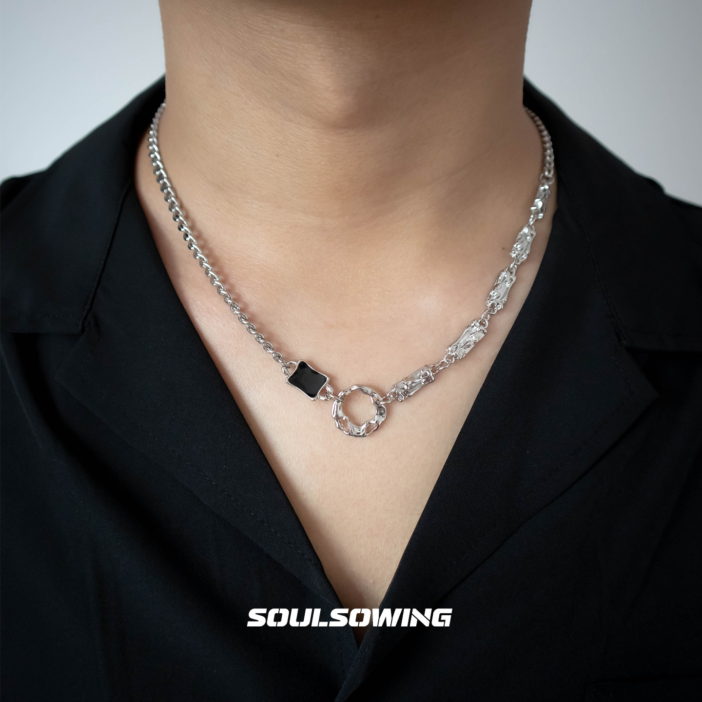 项链男款钛钢不规则圆环吊坠小众设计高级感潮流痞帅毛衣链百搭链