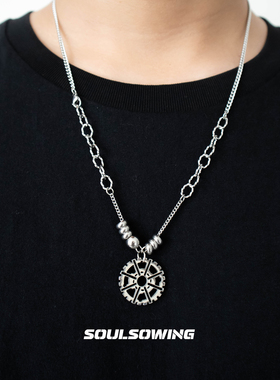 项链男款钛钢齿轮双层吊坠小众设计高级感潮流痞帅毛衣链简约百搭