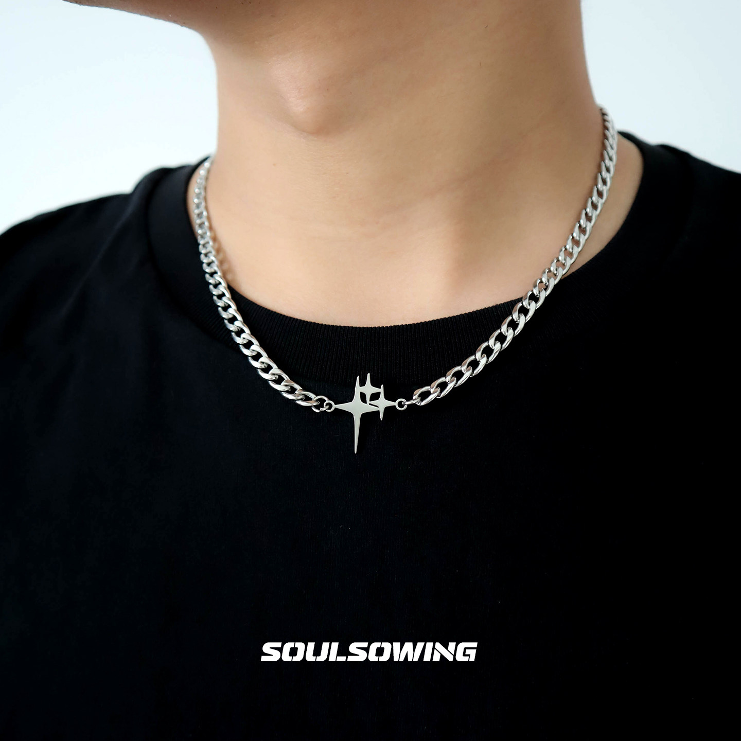 项链男款钛钢星芒小众设计高级感潮流痞帅古巴链吊坠嘻哈百搭个性