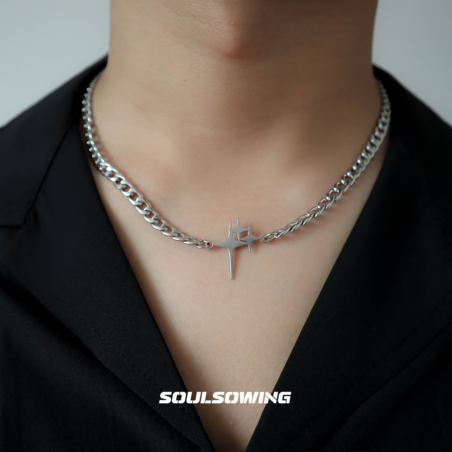 项链男款钛钢星芒小众设计高级感潮流痞帅古巴链吊坠嘻哈百搭个性