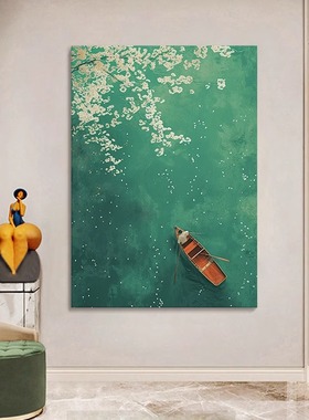 植物系高级感装饰画绿色森林系手绘油画桃花扁舟客厅玄关风景挂画