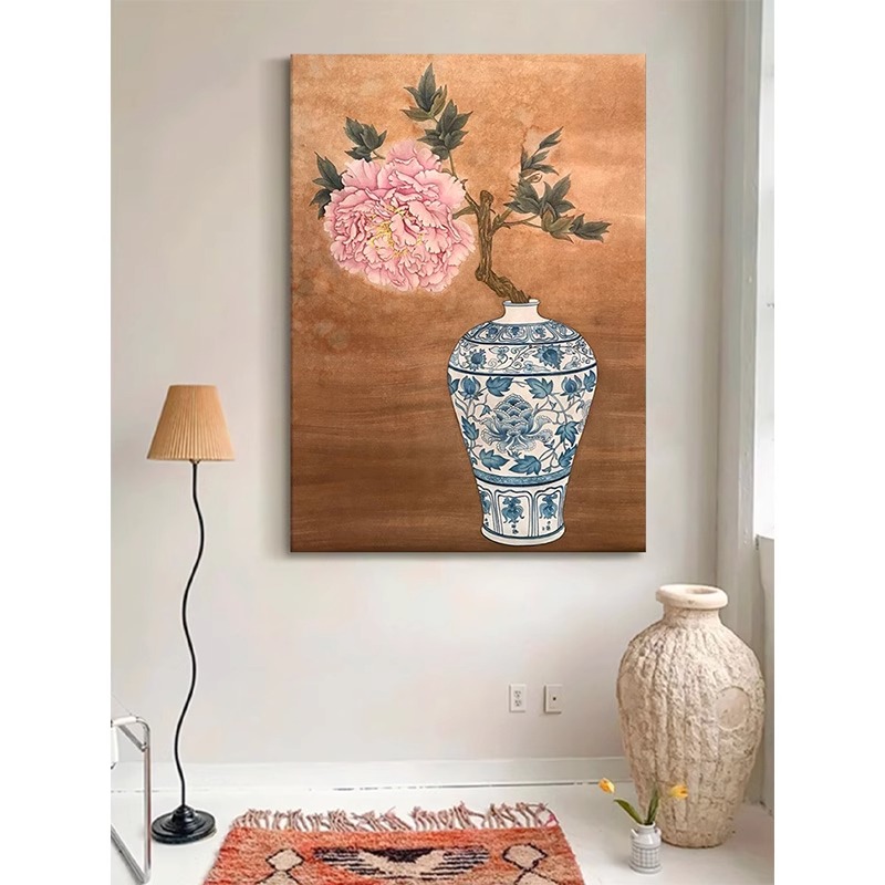 牡丹花开富贵新中式客厅装饰画玄关青花瓷花瓶手绘油画中古风挂画图片