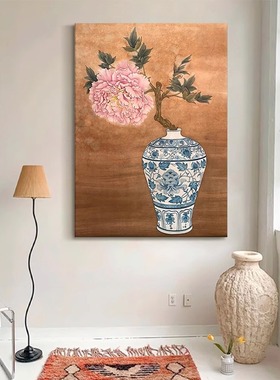 牡丹花开富贵新中式客厅装饰画玄关青花瓷花瓶手绘油画中古风挂画
