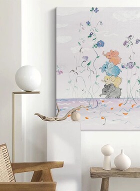 可爱小象手绘油画现代简约客厅装饰画轻奢高级感挂画抽象肌理壁画