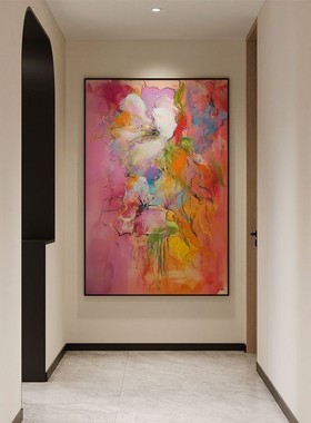 法式中古抽象花卉客餐厅手绘油画多巴胺玄关走廊装饰画沙发墙挂画