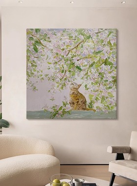 温馨猫咪细嗅蔷薇手绘油画花卉动物儿童房装饰画卧室客厅肌理挂画