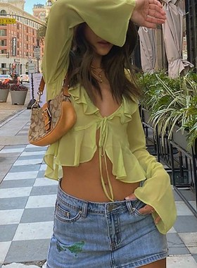 ALLNeon Vintage 90s Setwear Ruffles Trim Green Chiffon T-shi