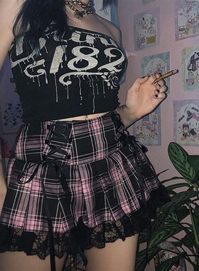 Lace Up Goth Y2K Woman Skirts Pink Stripe Plaid Lace Trim Pl