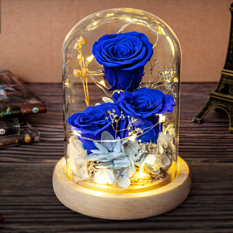 永生花礼盒蓝色妖姬小王子玫瑰花玻璃罩圣诞节送女友闺蜜生日礼物