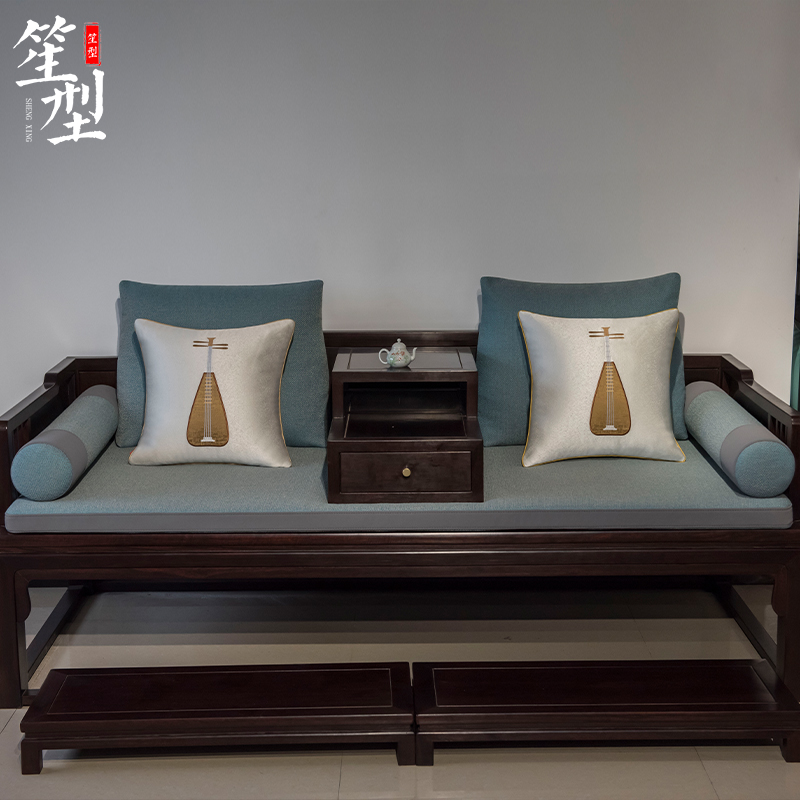 新中式罗汉床坐垫古典红木沙发乳胶座垫仿皮扶手刺绣抱枕靠垫定制