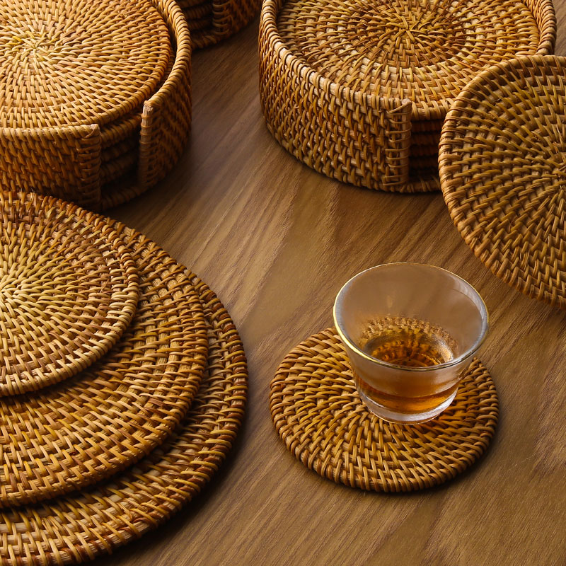 极速Woven old rattan coaster tea set handmade wooden ball he