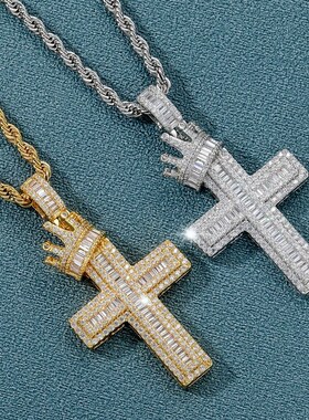 欧美新款皇冠十字架嘻哈吊坠 方圆锆石微镶复古个性男女嘻哈饰品