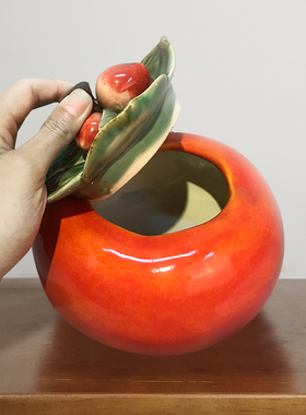 柿子装饰摆件柿柿事事如意茶叶罐陶瓷小摆件中式博古架客厅工艺品