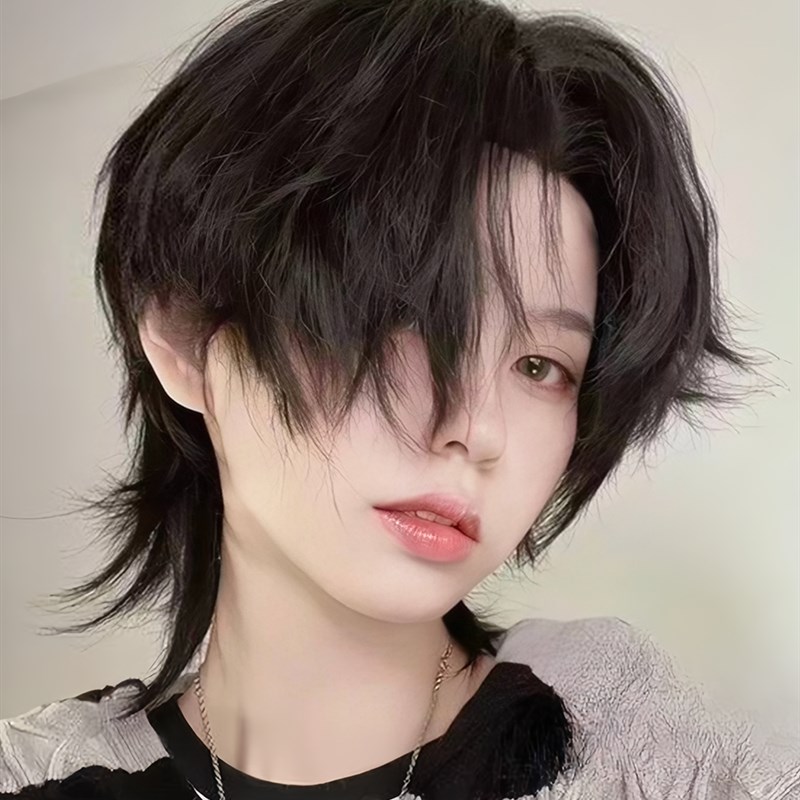 个性狼尾假发蓬松透气中分刘海短直发日常酷炫拖尾鲻鱼头全头套式