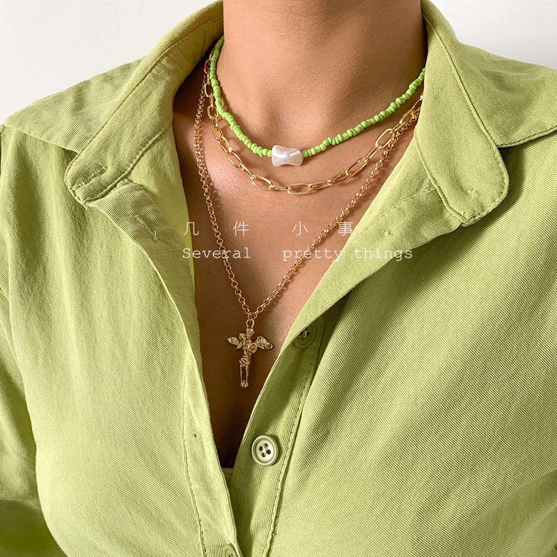 几件小事波西米亚森女系小清新复古异形仿珍珠绿米珠十字人像项链