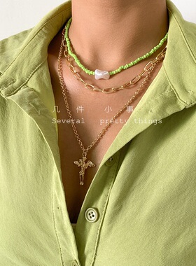 几件小事波西米亚森女系小清新复古异形仿珍珠绿米珠十字人像项链