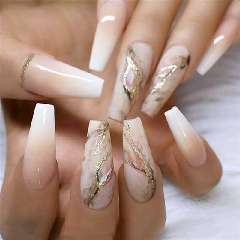 24Pcs Marble Gradient Long Coffin False Nails Detachable Wea