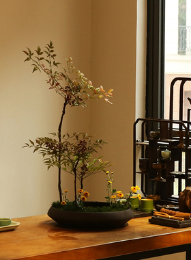 墨蓝色的花器 磨砂陶瓷大花盘写景接水盘 小原流日式花道中式插花