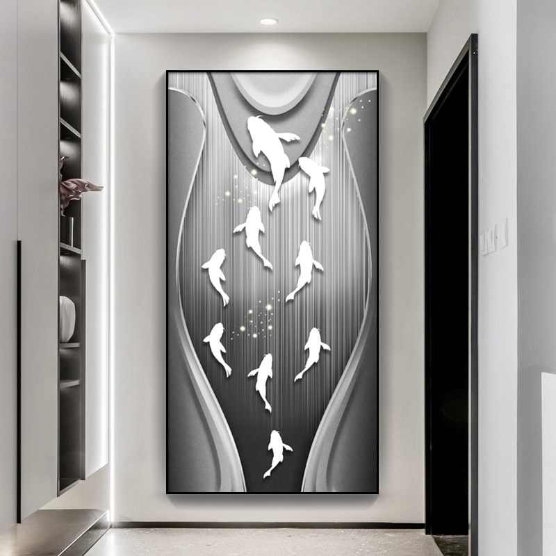 网红轻奢玄幻玄关装饰画九鱼图晶瓷客厅背景墙壁壁画挂画走廊过道图片