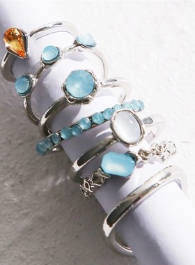 7pcs set rings women 镶嵌水钻食指指环7件套装组合水滴关节戒指