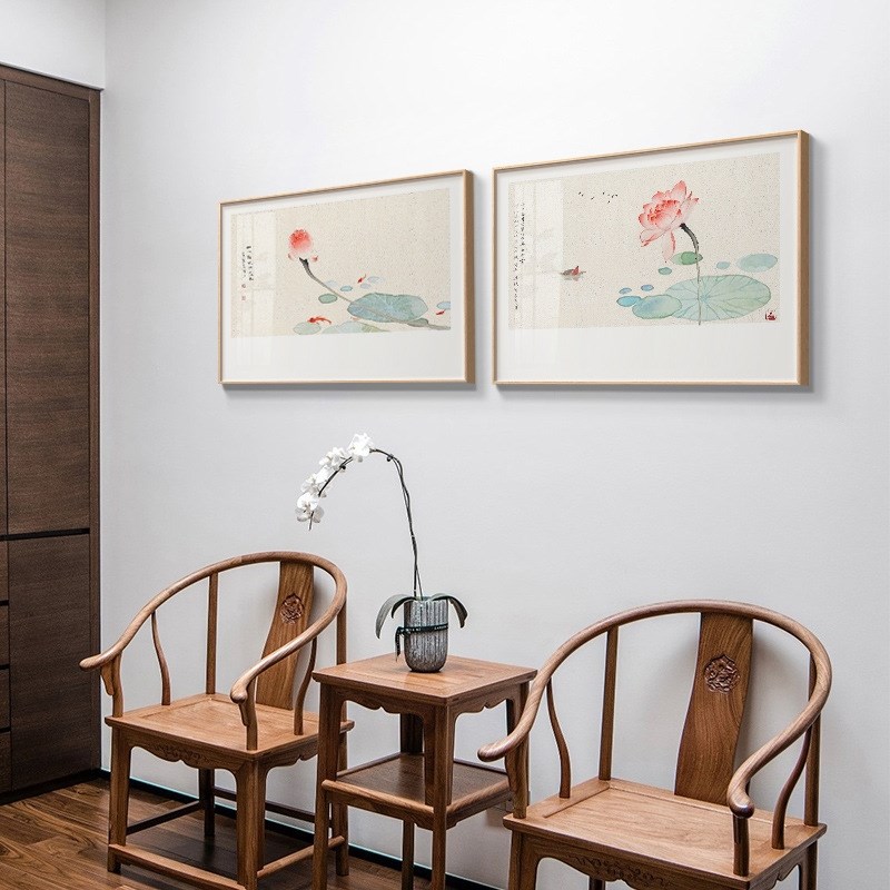 新中式古风玄关斗柜日式餐厅装饰画荷花水彩禅意挂画书房客厅网红图片