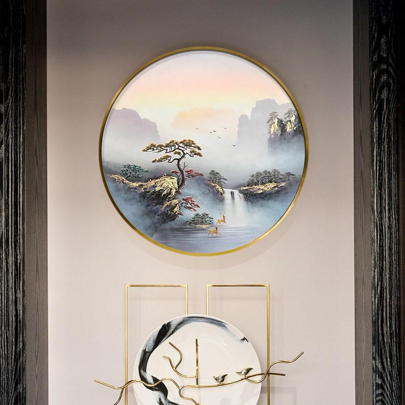 新中式山水画圆形装饰画壁画入户走廊靠山玄关纯手绘油画客厅网红图片