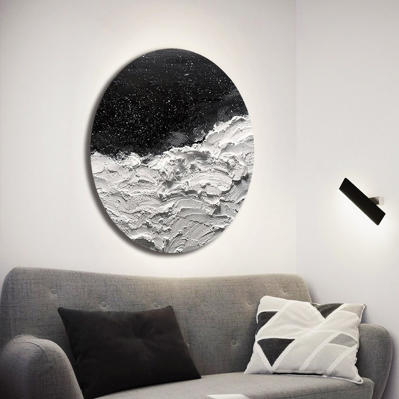 Notareart手绘油画《肌理抽象》雪山星夜玄关装饰画圆形客厅网红图片