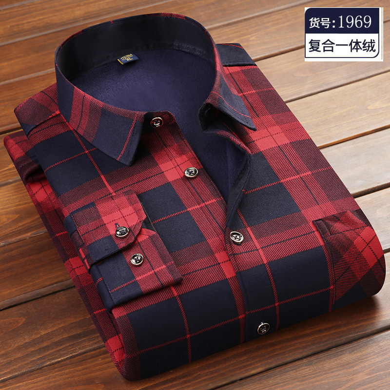 冬季保暖衬衫男加绒加厚长袖大尺码中老年中国龙印花格子衬衣爸爸