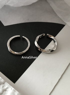 通体S925纯银光面扭纹旋转戒指莫比乌斯磨砂指环开口可调节