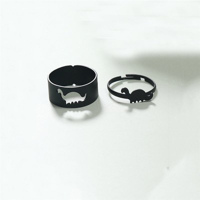 2PCS Gothic Punk Dinosaur Couple Ring Set Vintage Black Jewe