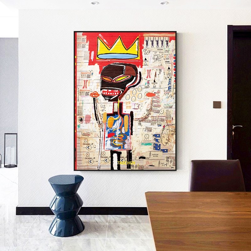 网红涂鸦奎特装饰画Basquiat皇冠挂画玄关工业风大幅壁画抽象巴斯图片