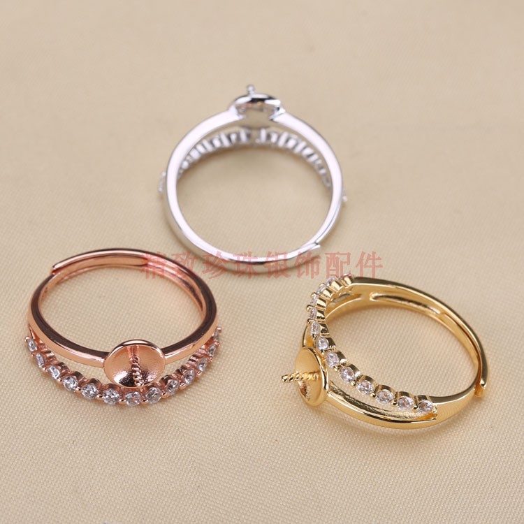 DIY配件S925银微镶经典时尚戒指托指环调节活口珍珠戒托空托饰品