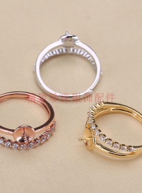 DIY配件S925银微镶经典时尚戒指托指环调节活口珍珠戒托空托饰品