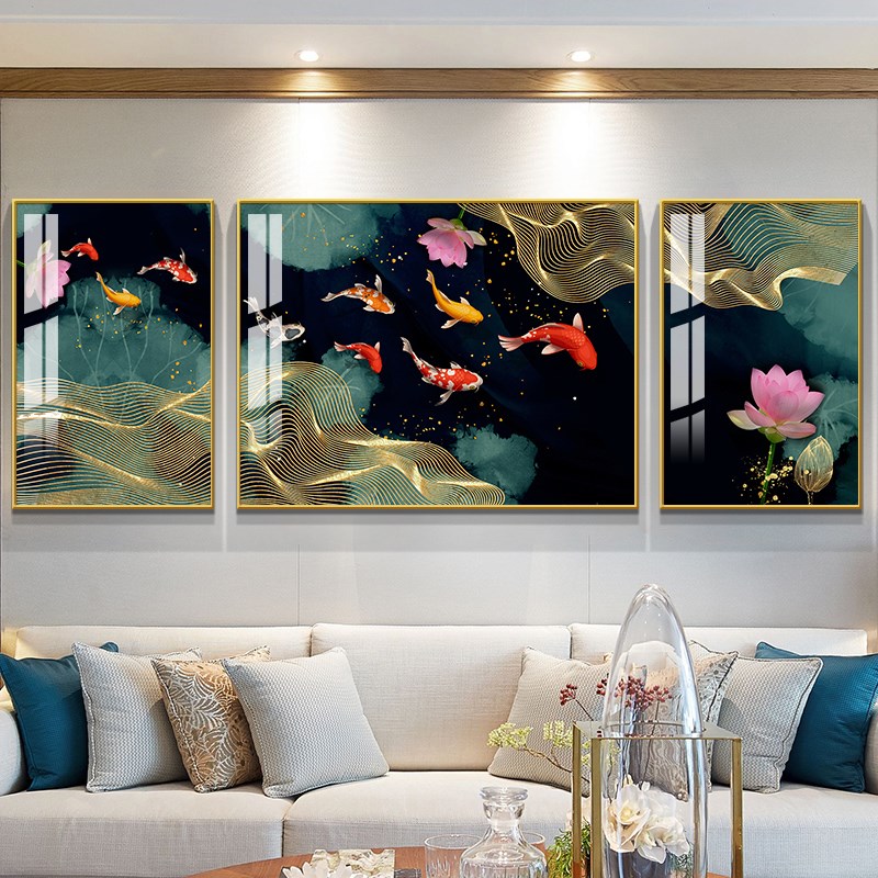 客厅装饰画新中式九鱼图招财挂画轻奢大气沙发后面的背景墙面网红图片