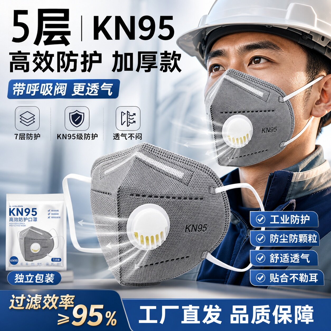 KN95 带呼吸阀口罩5层加厚双层熔喷布工业防尘打磨独立单片包装图片