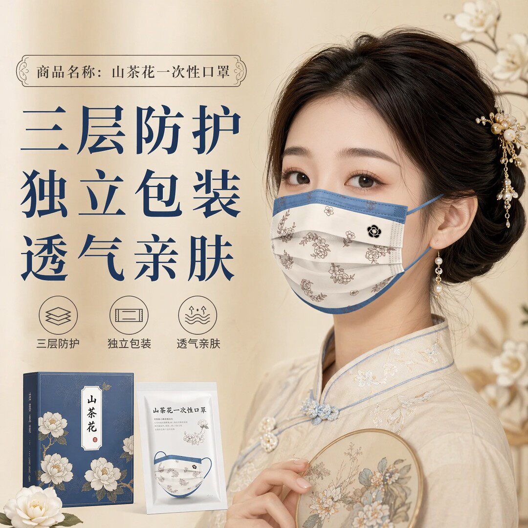 优雅韵味夏季国风口罩一次性山茶花图案简约日常精致感独立包装