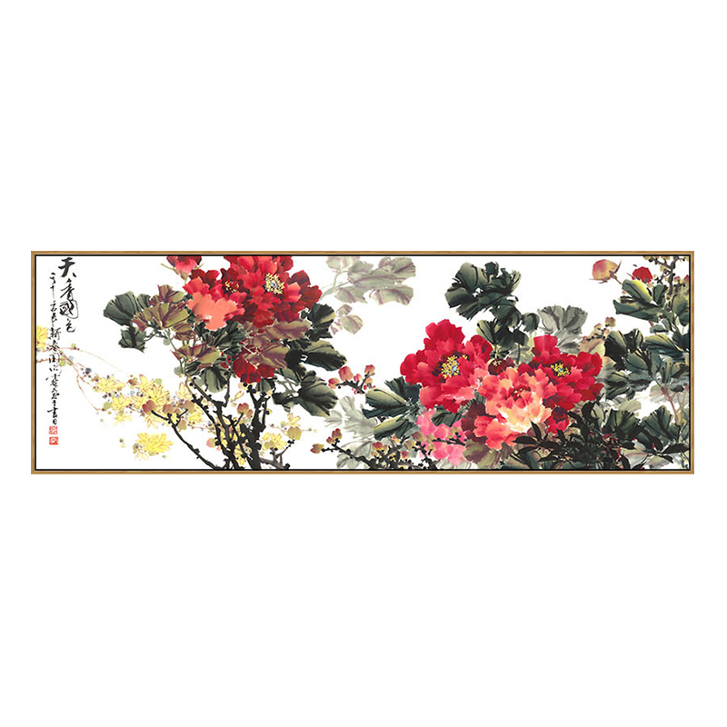 新中式装饰画客厅牡丹沙发背景墙现代简约横幅卧室床头挂画国画图片